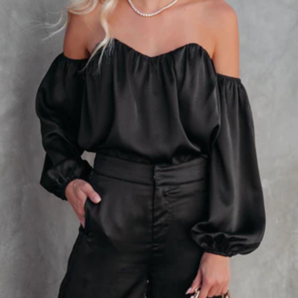 Black satin off the shoulder blouse